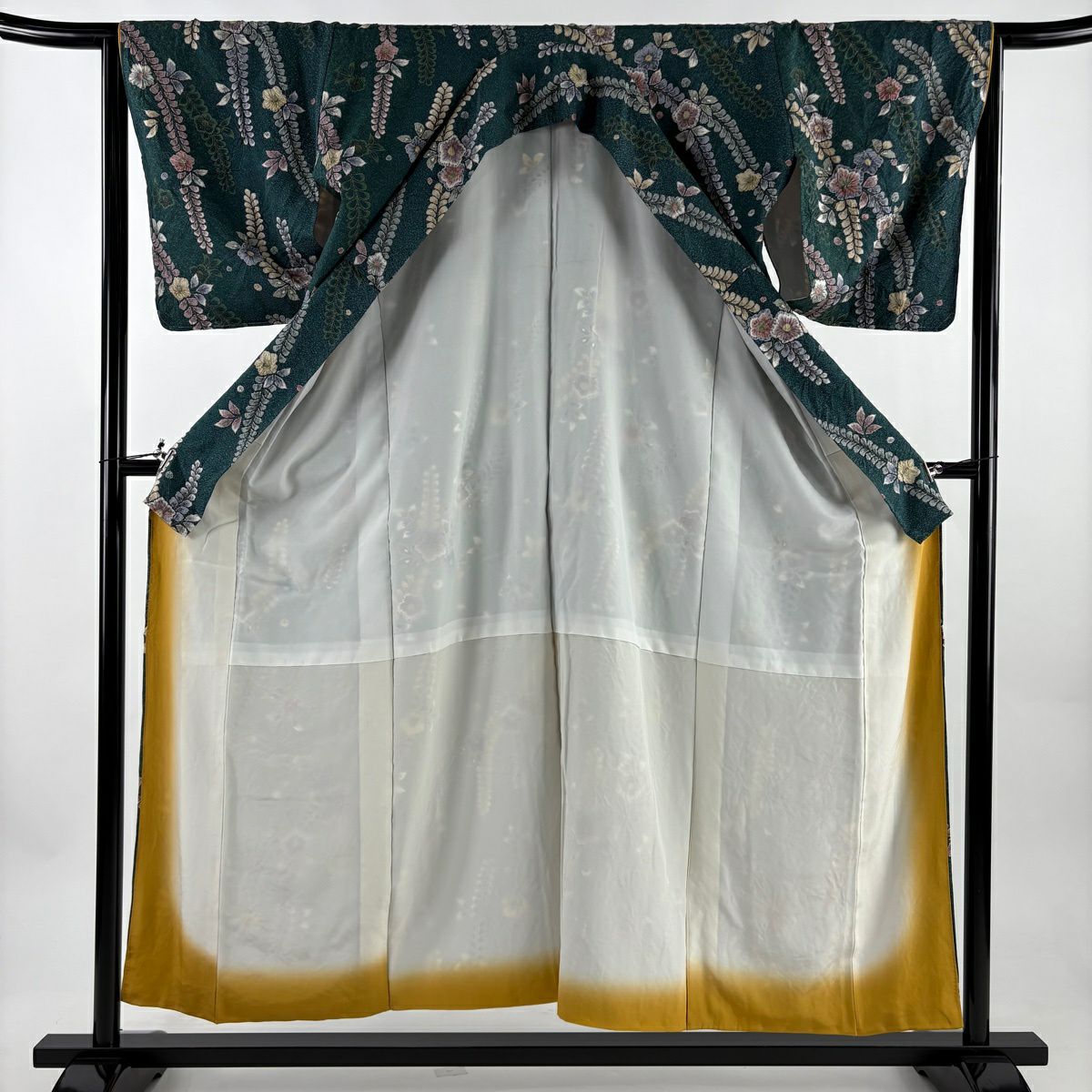 小紋 身長153.5cm 袖長65cm M 雙層 草花紋紋 金彩裝飾 絞染 深綠 純蠶絲 秀品級