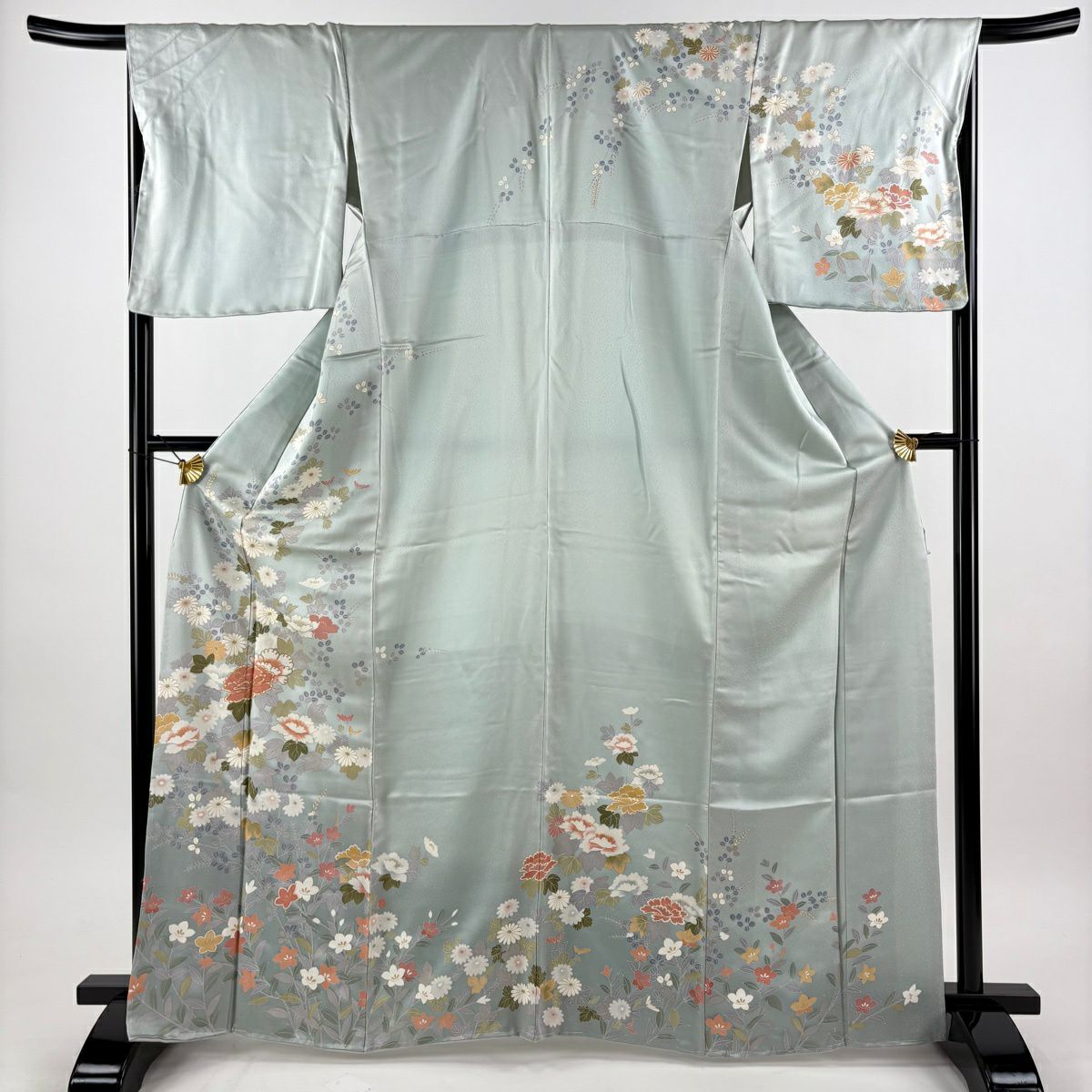 訪問服 身長166cm 袖長66.5cm M 雙層 牡丹 秋草 金絲 金銀彩 青灰 純蠶絲 秀品級