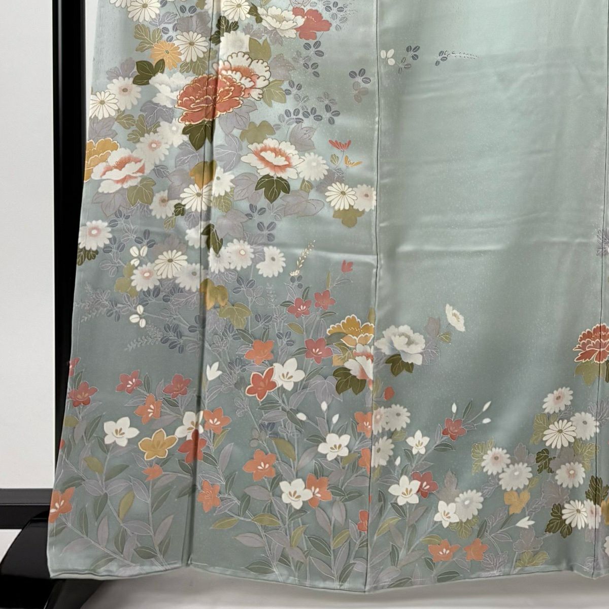 訪問服 身長166cm 袖長66.5cm M 雙層 牡丹 秋草 金絲 金銀彩 青灰 純蠶絲 秀品級