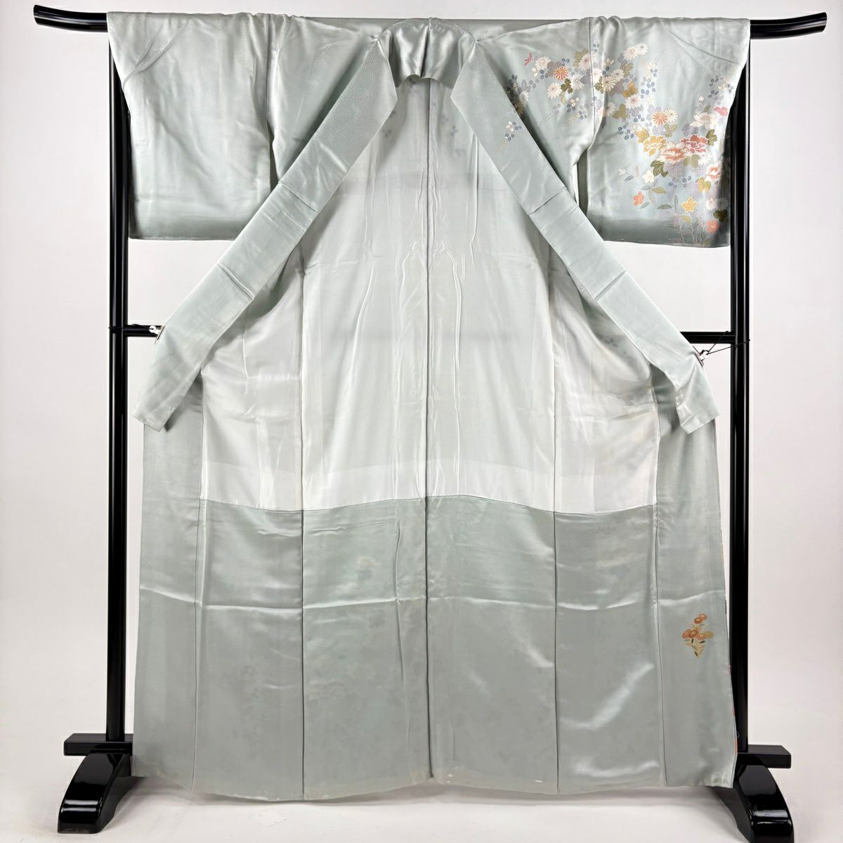 訪問服 身長166cm 袖長66.5cm M 雙層 牡丹 秋草 金絲 金銀彩 青灰 純蠶絲 秀品級