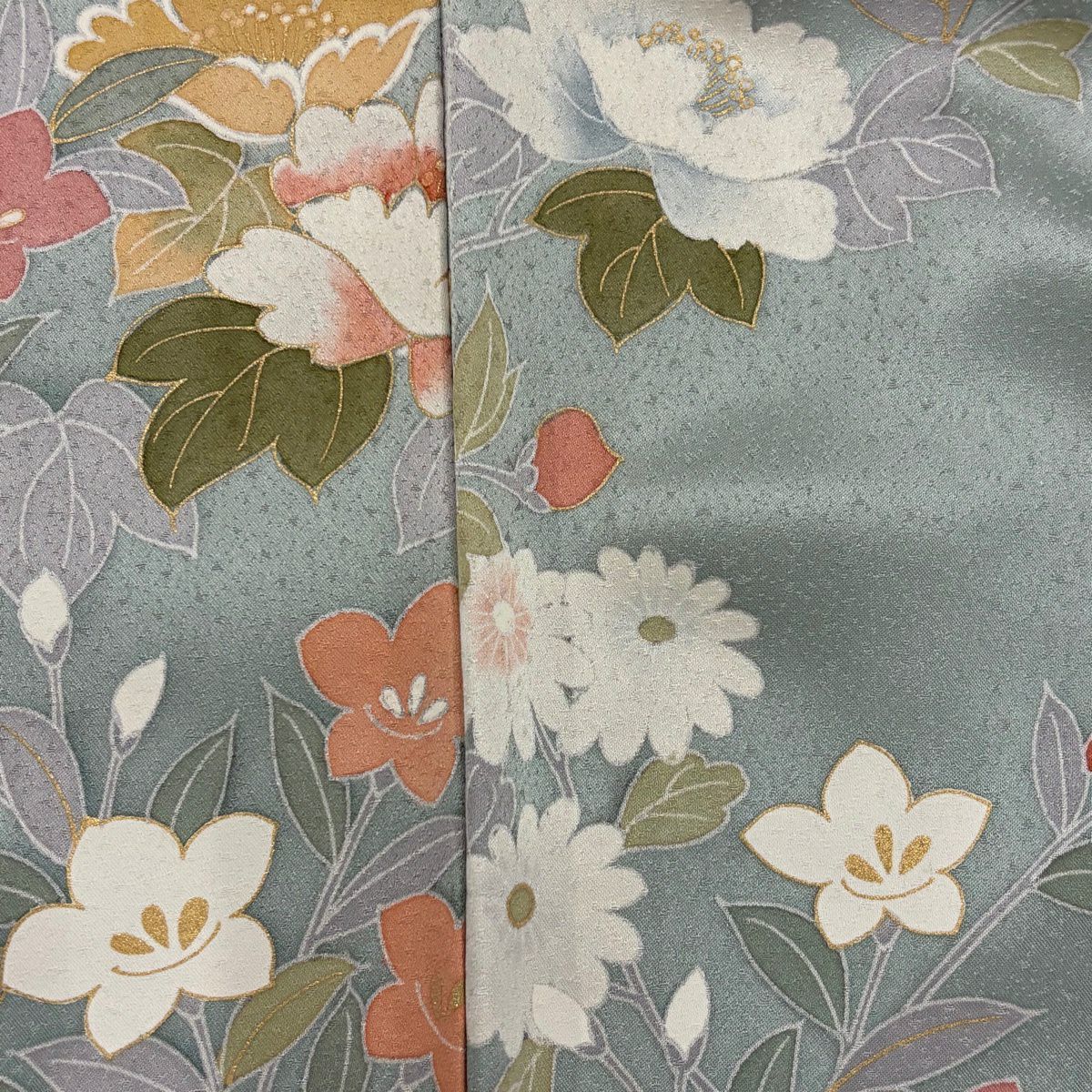 訪問服 身長166cm 袖長66.5cm M 雙層 牡丹 秋草 金絲 金銀彩 青灰 純蠶絲 秀品級