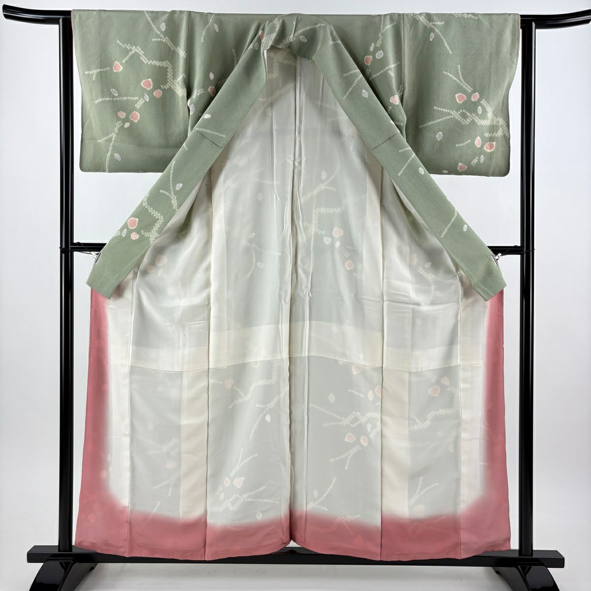 小紋 身長158cm 袖長62.5cm S 雙層 枝花 絞染 灰綠 純蠶絲 秀品級