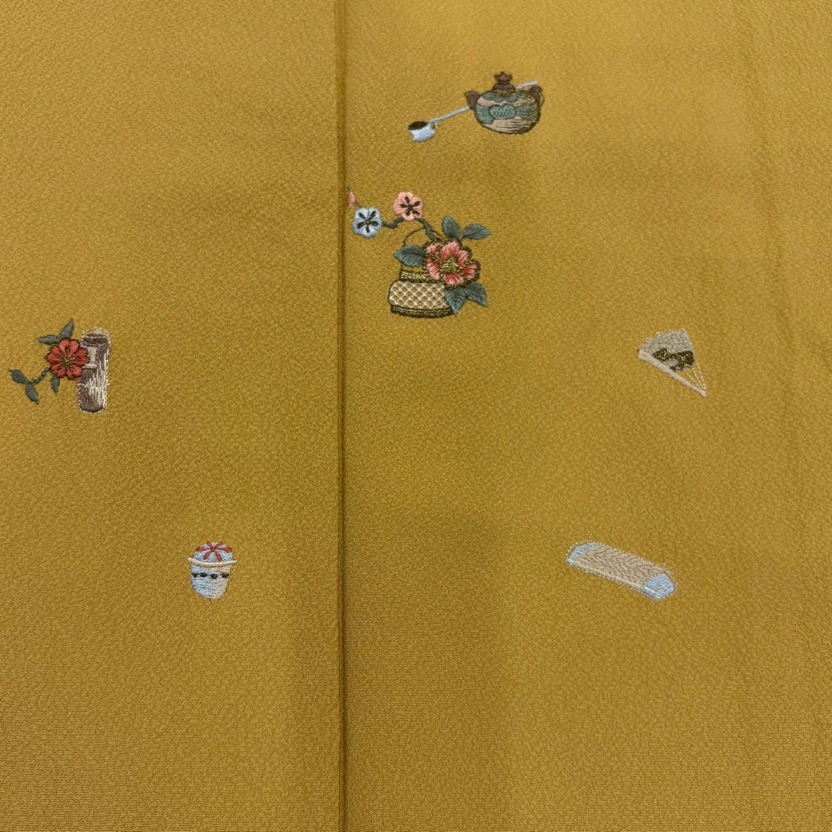付下 身長163cm 袖長66.5cm M 雙層 茶道具 花器 刺繡 金絲 淺土色 純蠶絲 優品級