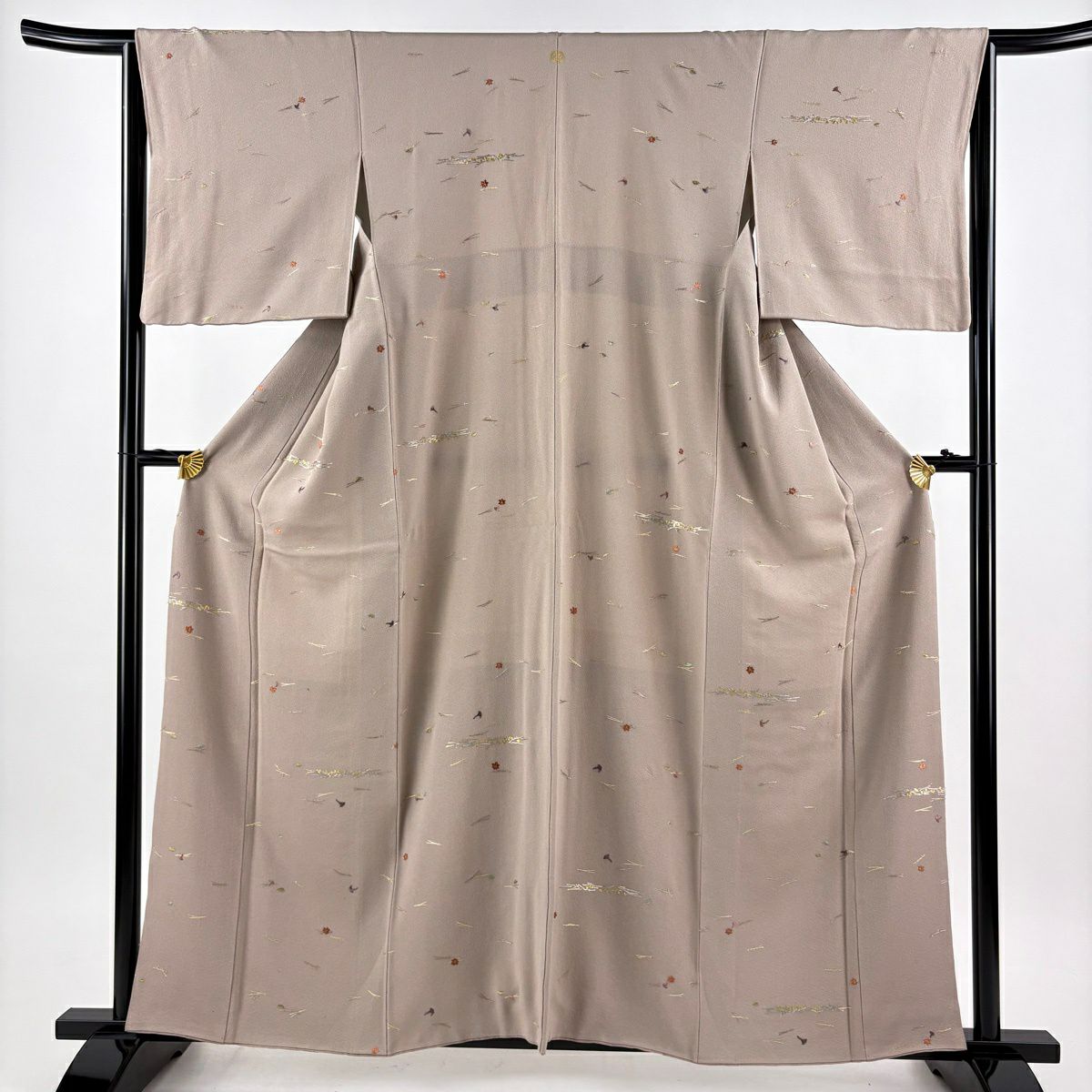 小紋 身長159cm 袖長65.5cm M 雙層 松樹葉 紅葉 刺繡 金線 薄小豆 純蠶絲 秀品級 一つ紋