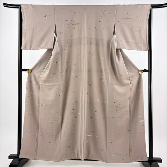 小紋 身長159cm 袖長65.5cm M 雙層 松樹葉 紅葉 刺繡 金線 薄小豆 純蠶絲 秀品級 一つ紋