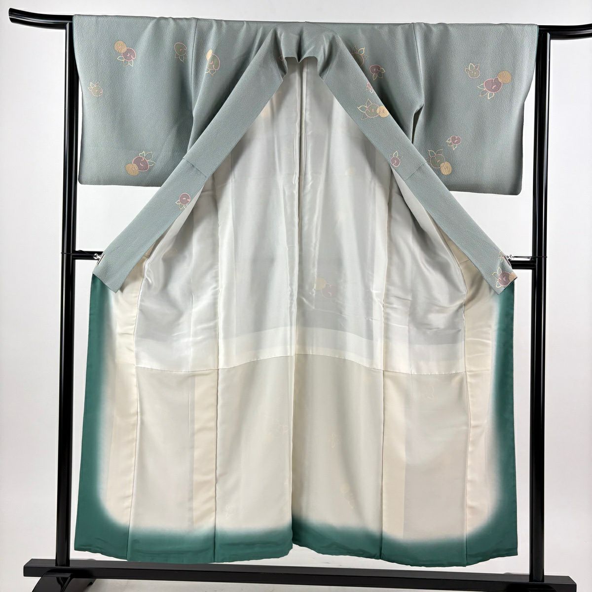 小紋 身長153cm 袖長63cm S 雙層 草花紋 紅綠 純蠶絲 秀品級