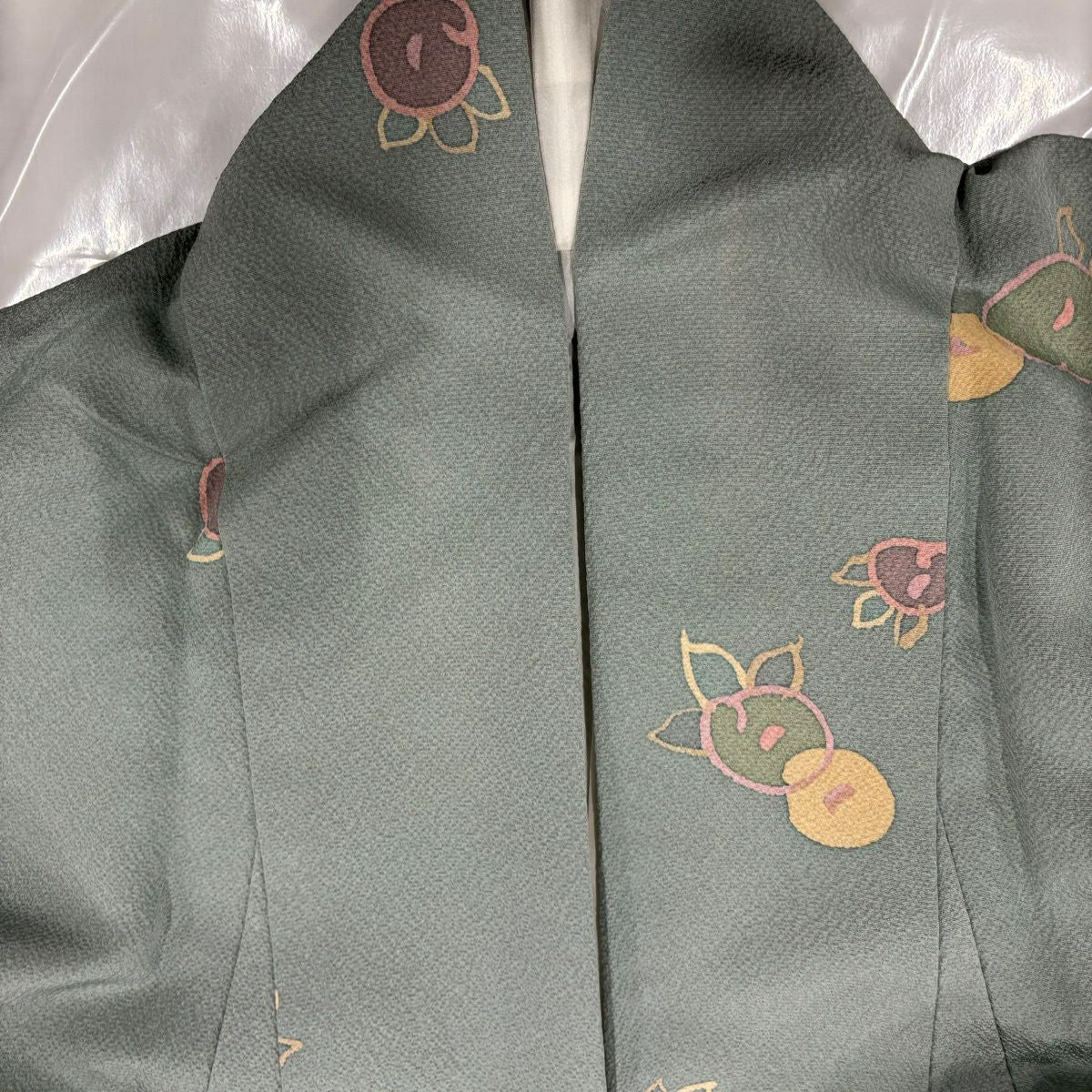 小紋 身長153cm 袖長63cm S 雙層 草花紋 紅綠 純蠶絲 秀品級