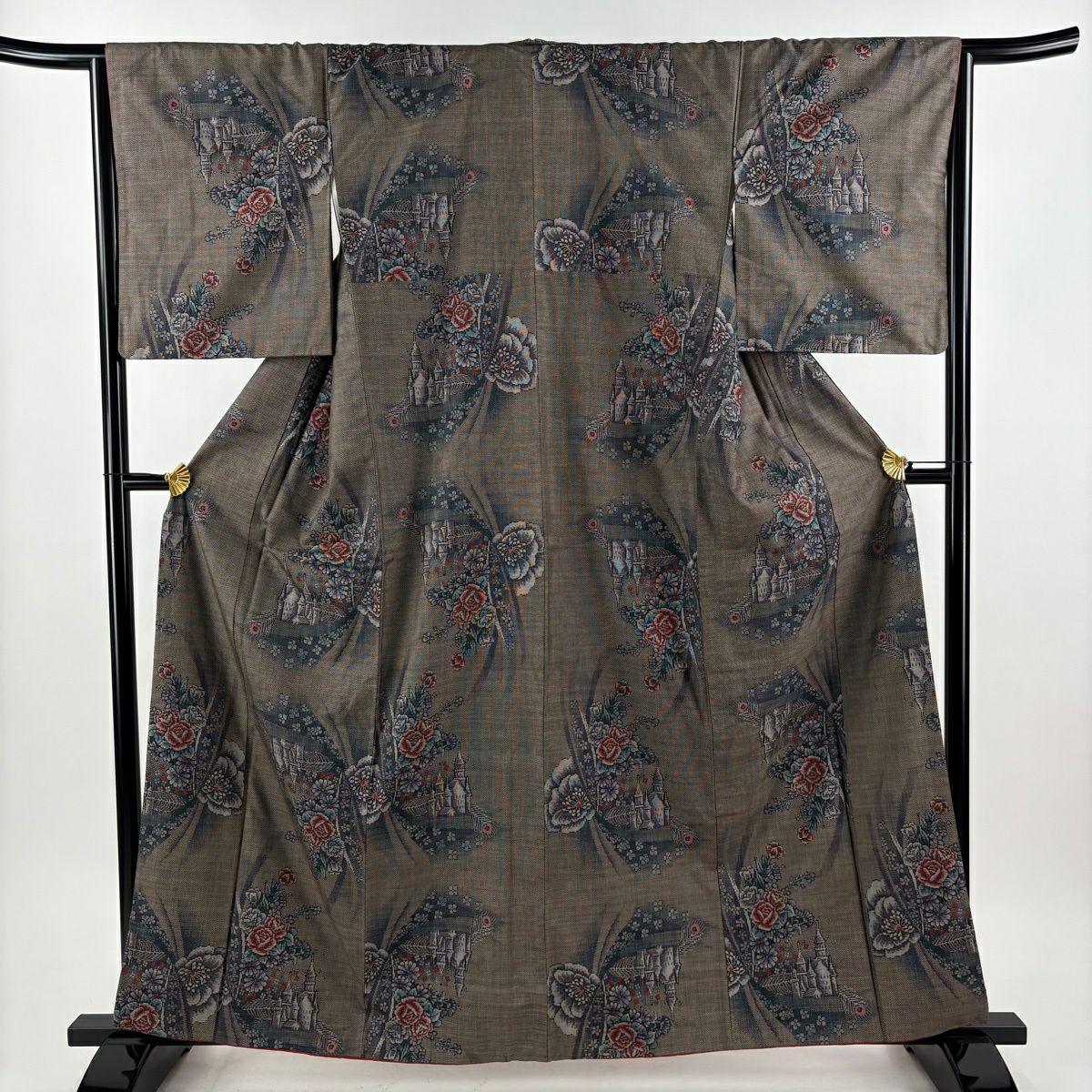 【美品】 紬織 身長161cm 袖長66cm M 雙層 城 薔薇 焦茶 純蠶絲 秀品級