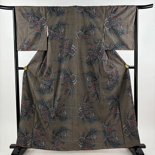 【美品】 紬織 身長161cm 袖長66cm M 雙層 城 薔薇 焦茶 純蠶絲 秀品級