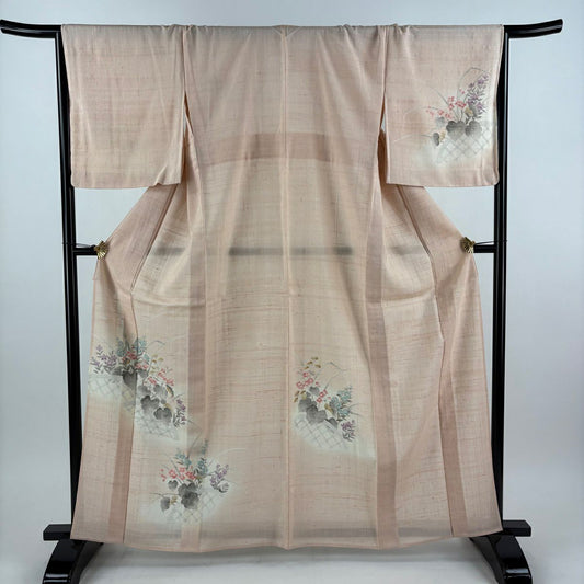 付下 身長163.5cm 袖長68cm L 薄物 夏紬織織 秋草花紋紋 籬 標準粉紅 純蠶絲 優品級