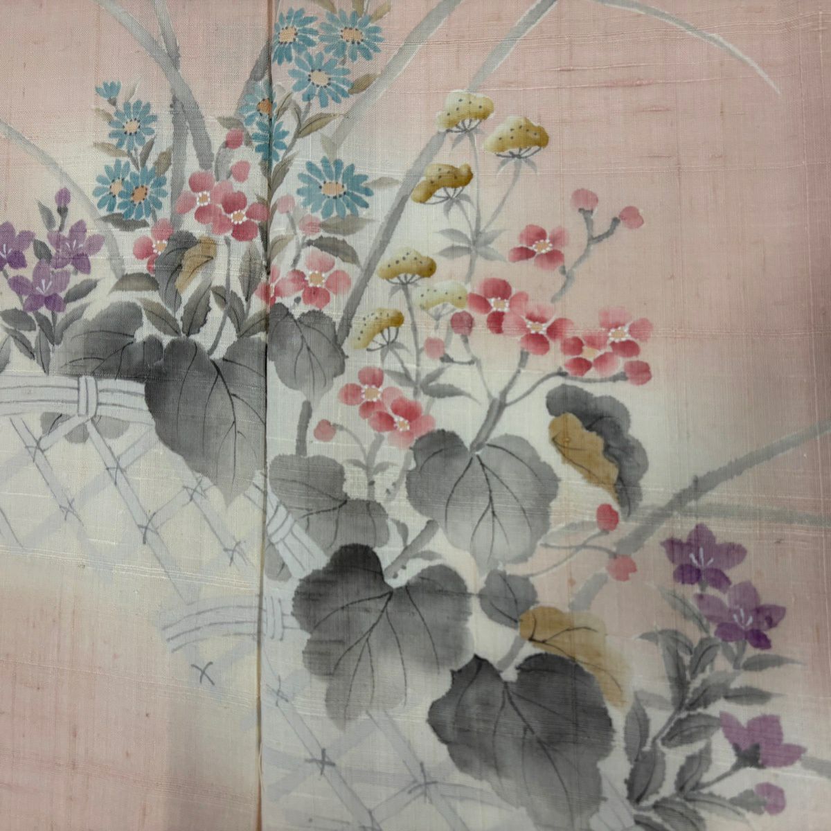 付下 身長163.5cm 袖長68cm L 薄物 夏紬織織 秋草花紋紋 籬 標準粉紅 純蠶絲 優品級