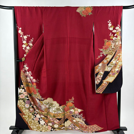 【美品】振袖禮服 身長158cm 袖長67cm M 雙層 牡丹 松樹竹子梅花 金銀彩 深紅 純蠶絲 優品級