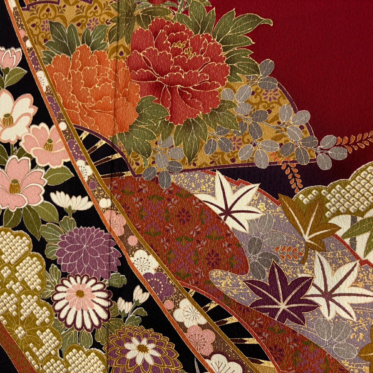【美品】振袖禮服 身長158cm 袖長67cm M 雙層 牡丹 松樹竹子梅花 金銀彩 深紅 純蠶絲 優品級