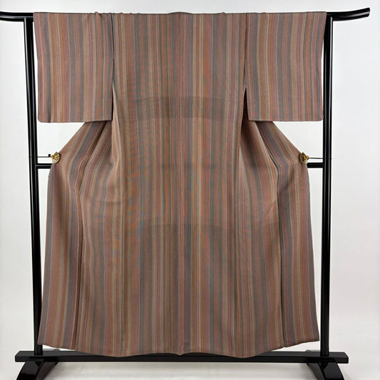 【美品】 小紋 身長156cm 袖長64cm M 雙層 縱條 縮緬 薄小豆 純蠶絲 秀品級