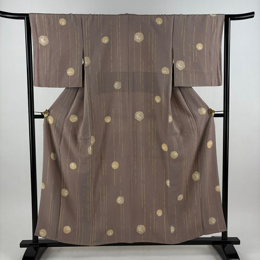 【美品】 小紋 身長156.5cm 袖長64cm M 雙層 櫻花 縱條 薄小豆 純蠶絲 優品級