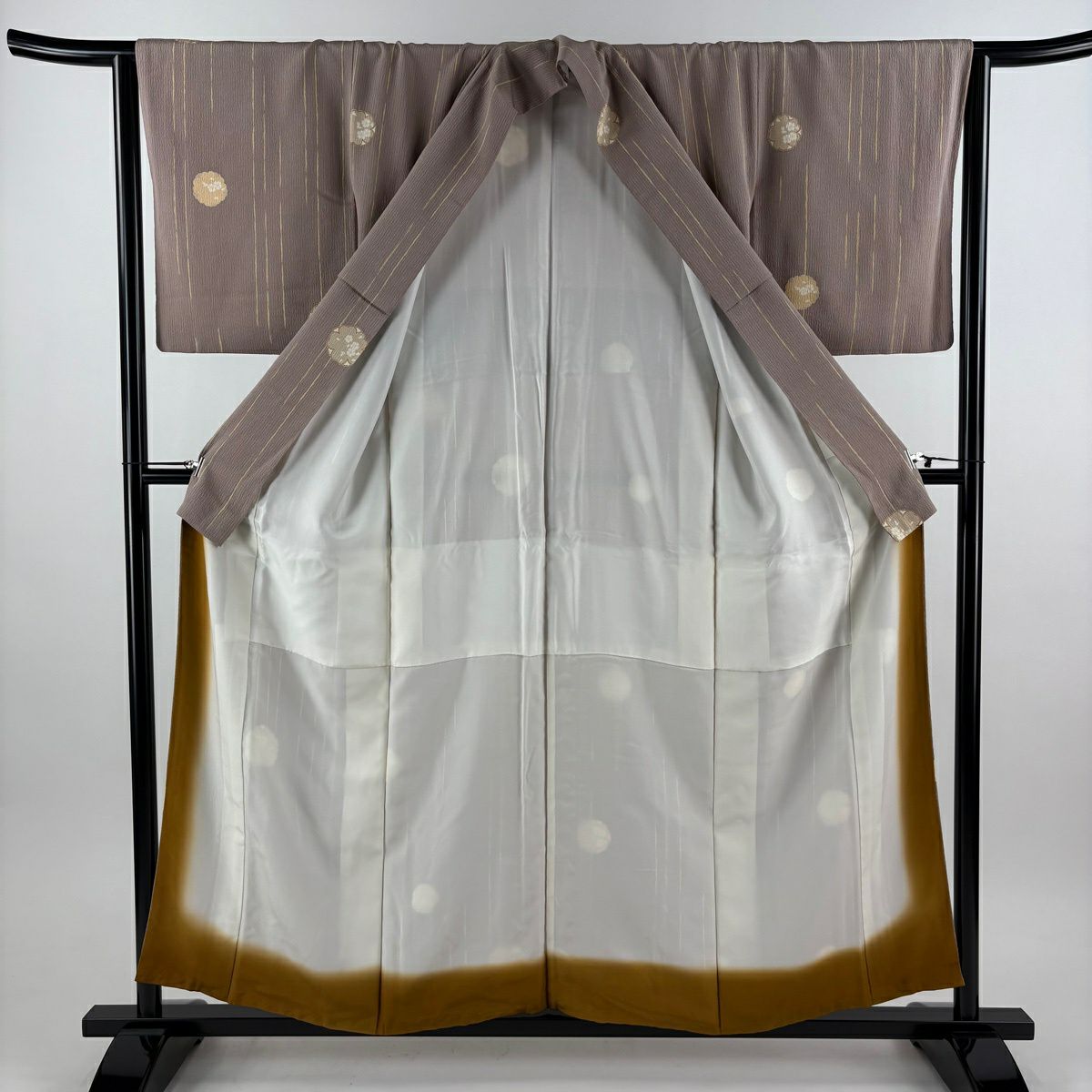 【美品】 小紋 身長156.5cm 袖長64cm M 雙層 櫻花 縱條 薄小豆 純蠶絲 優品級