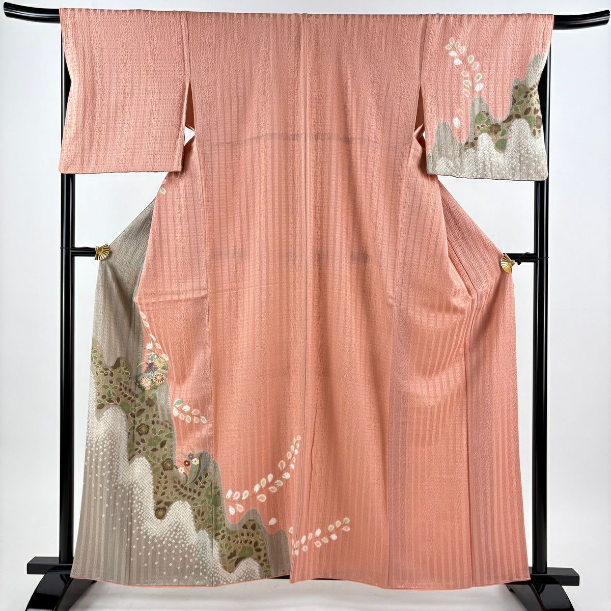 【美品】訪問服 身長161cm 袖長67cm M 雙層 菊花 草花紋 金銀彩 絞染 鮭粉色 純蠶絲 秀品級