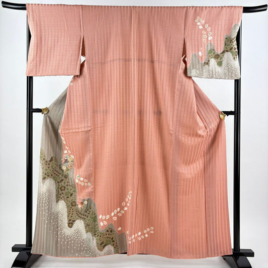 【美品】訪問服 身長161cm 袖長67cm M 雙層 菊花 草花紋 金銀彩 絞染 鮭粉色 純蠶絲 秀品級