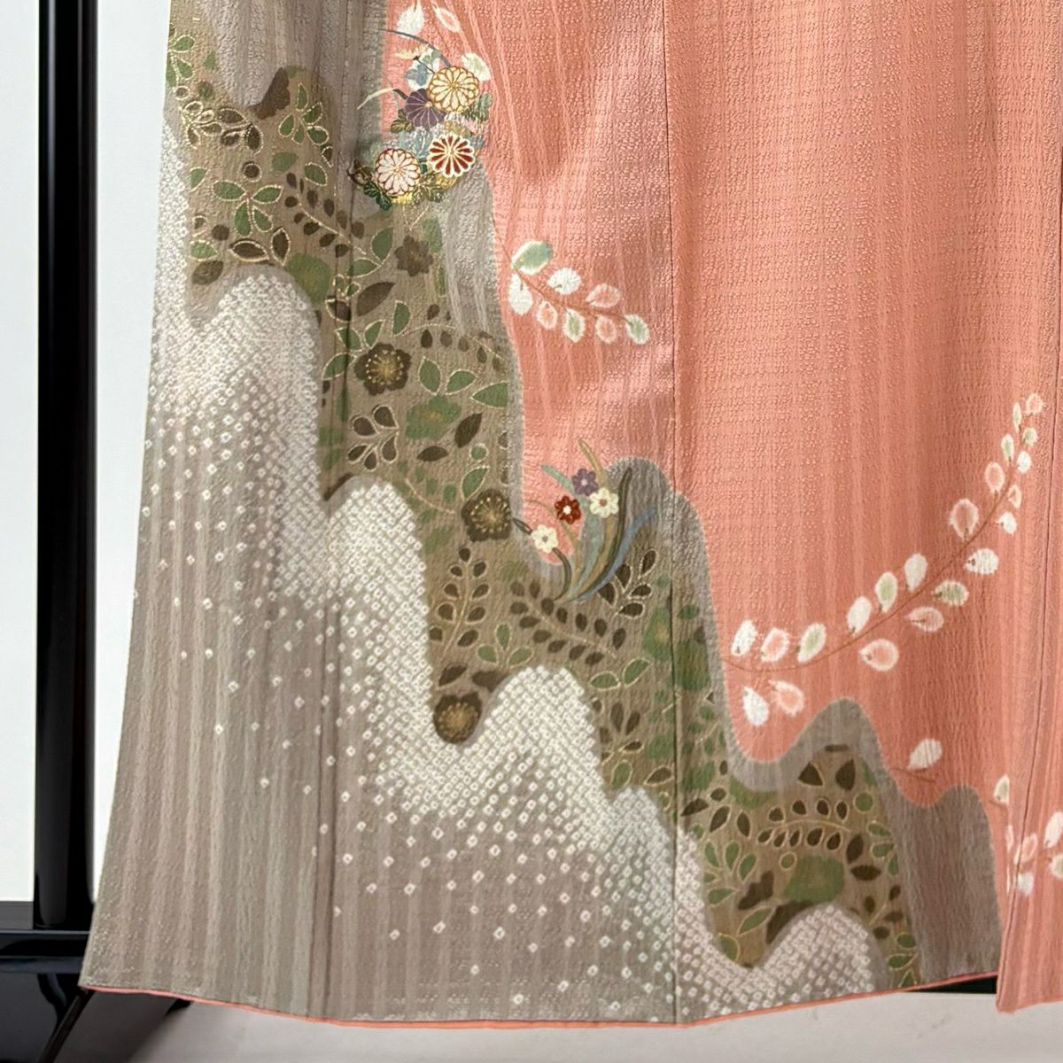 【美品】訪問服 身長161cm 袖長67cm M 雙層 菊花 草花紋 金銀彩 絞染 鮭粉色 純蠶絲 秀品級