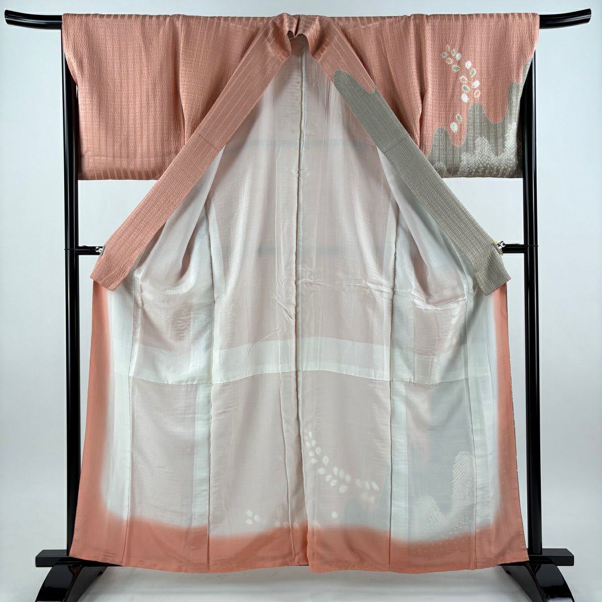 【美品】訪問服 身長161cm 袖長67cm M 雙層 菊花 草花紋 金銀彩 絞染 鮭粉色 純蠶絲 秀品級