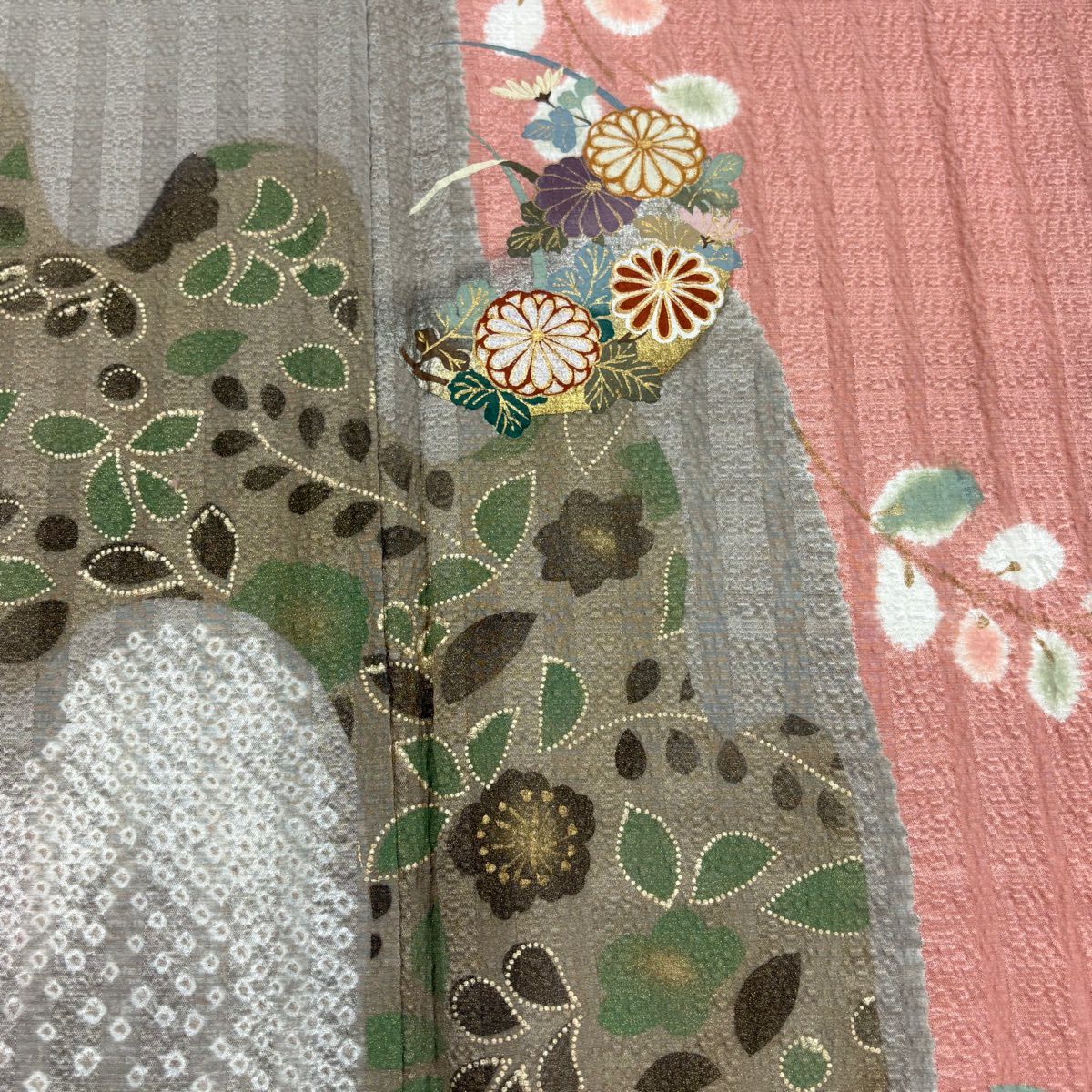 【美品】訪問服 身長161cm 袖長67cm M 雙層 菊花 草花紋 金銀彩 絞染 鮭粉色 純蠶絲 秀品級