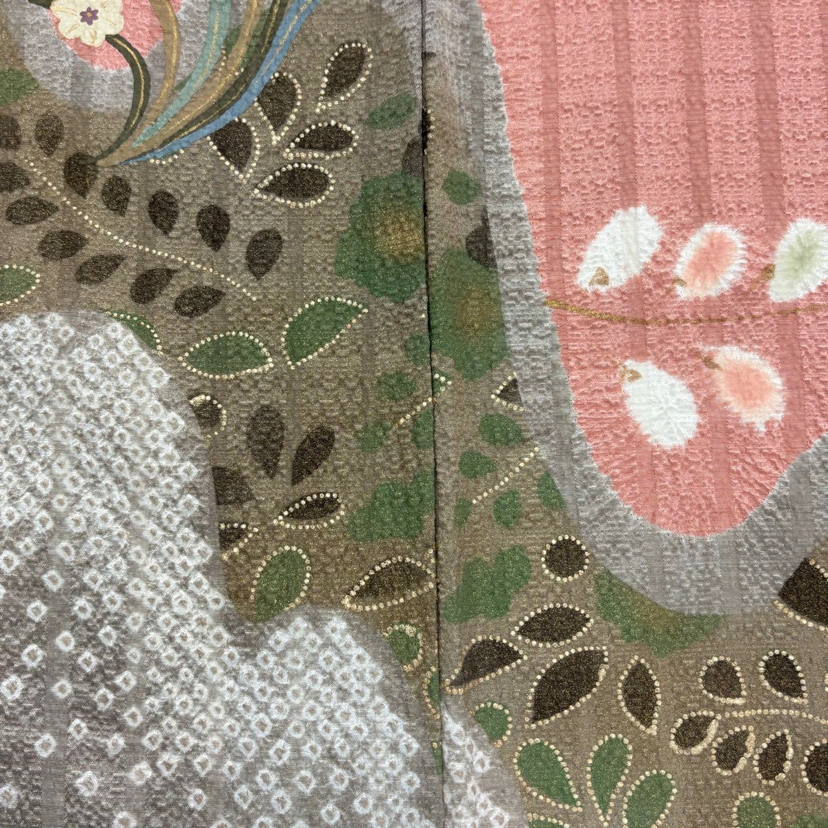 【美品】訪問服 身長161cm 袖長67cm M 雙層 菊花 草花紋 金銀彩 絞染 鮭粉色 純蠶絲 秀品級