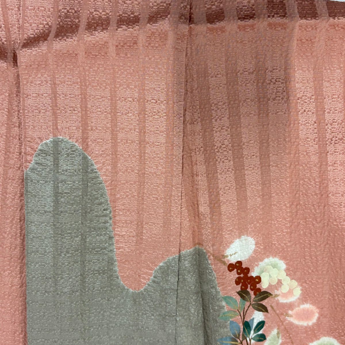 【美品】訪問服 身長161cm 袖長67cm M 雙層 菊花 草花紋 金銀彩 絞染 鮭粉色 純蠶絲 秀品級