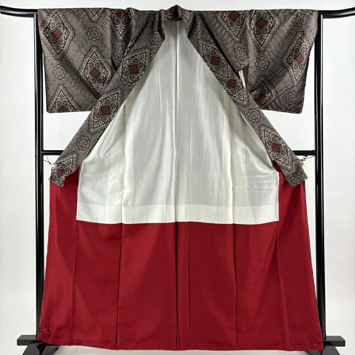 紬織 身長162.5cm 袖長64.5cm M 雙層 花菱 焦茶 純蠶絲 秀品級