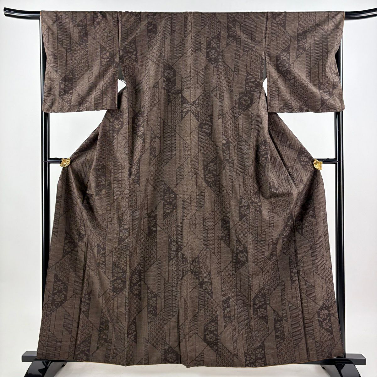 【美品】 紬織 身長160.5cm 袖長67cm M 雙層 花唐草紋 龜甲絣 焦茶 純蠶絲 秀品級