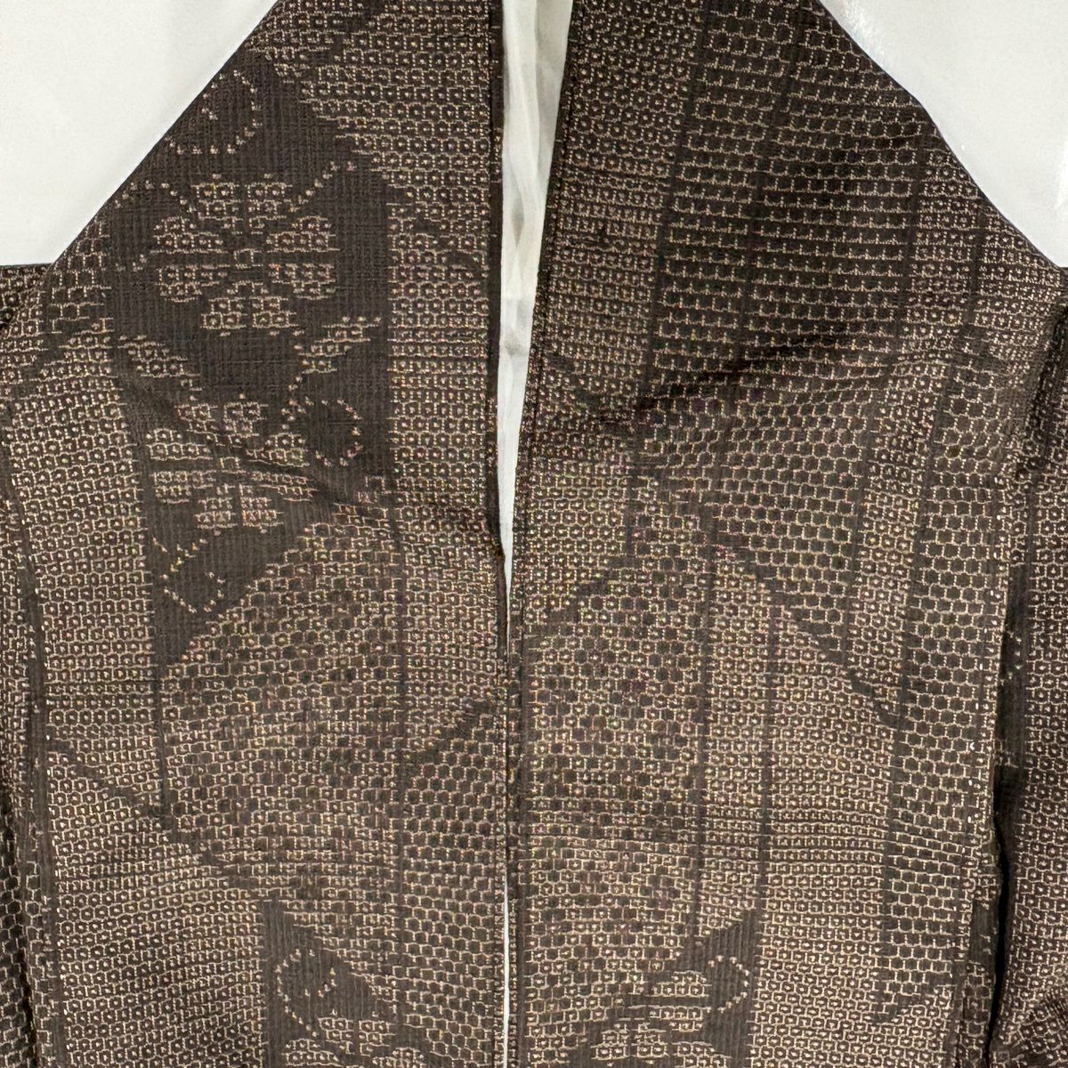 【美品】 紬織 身長160.5cm 袖長67cm M 雙層 花唐草紋 龜甲絣 焦茶 純蠶絲 秀品級