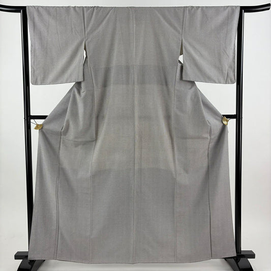 【美品】 小紋 身長163cm 袖長65cm M 雙層 紬織織 證書あり 市松樹紋 灰白 純蠶絲 秀品級