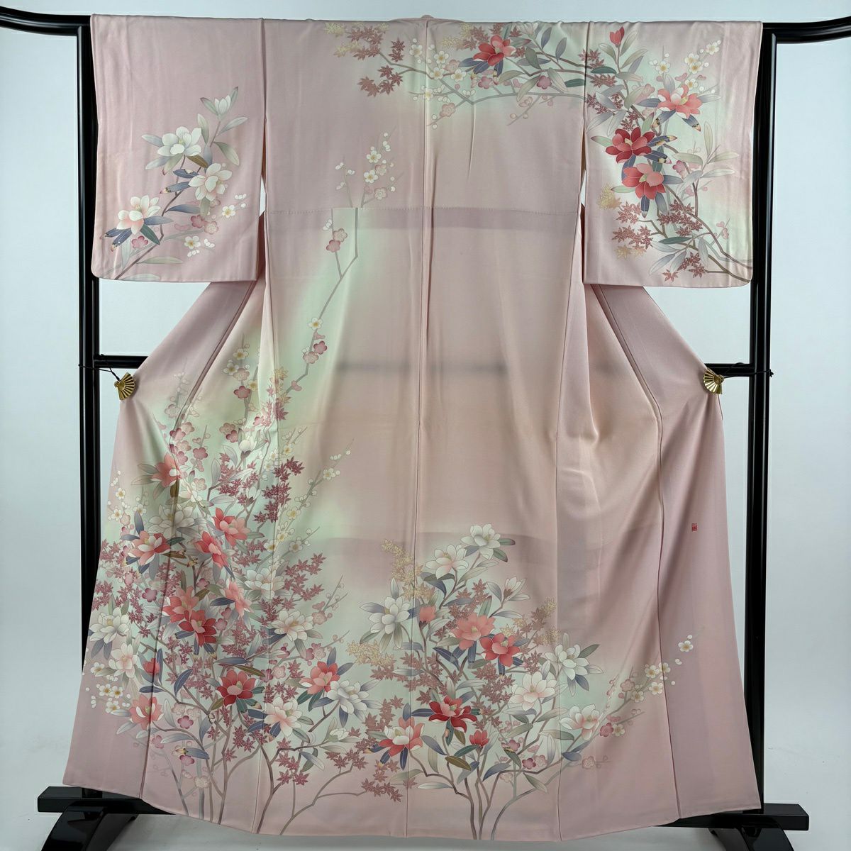 訪問服 身長162cm 袖長65cm M 雙層 落款 草花紋紋 枝花 漸層 粉紅 純蠶絲 優品級