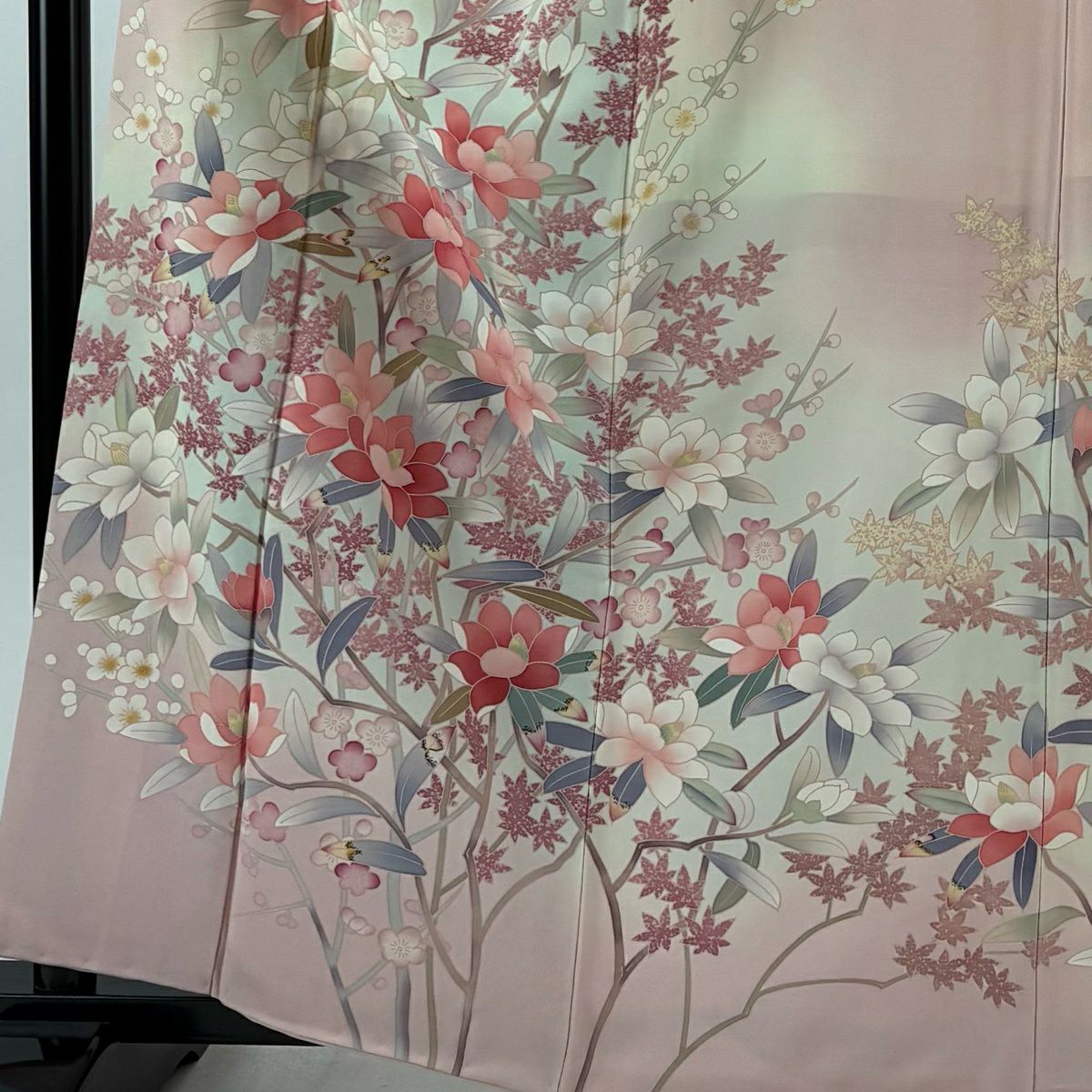 訪問服 身長162cm 袖長65cm M 雙層 落款 草花紋紋 枝花 漸層 粉紅 純蠶絲 優品級