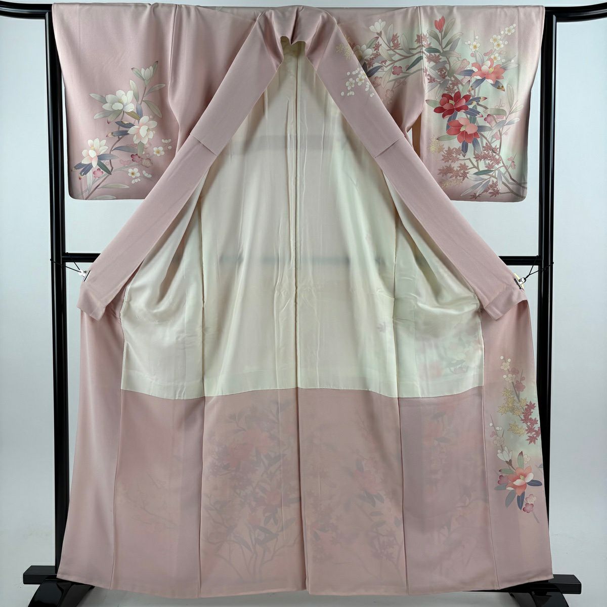 訪問服 身長162cm 袖長65cm M 雙層 落款 草花紋紋 枝花 漸層 粉紅 純蠶絲 優品級