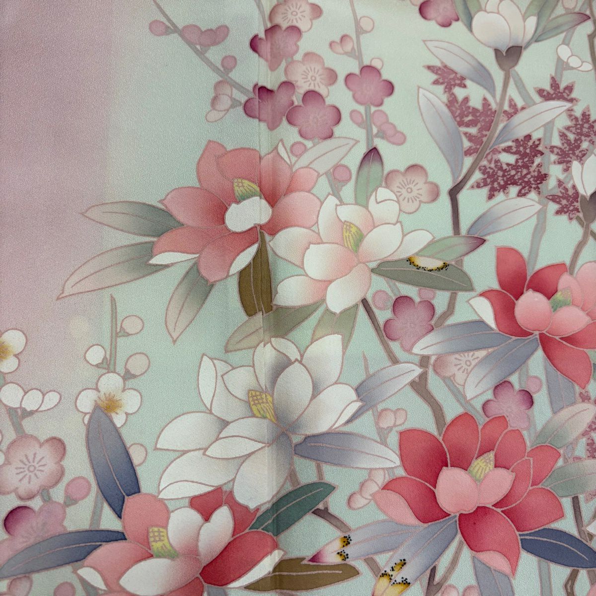 訪問服 身長162cm 袖長65cm M 雙層 落款 草花紋紋 枝花 漸層 粉紅 純蠶絲 優品級
