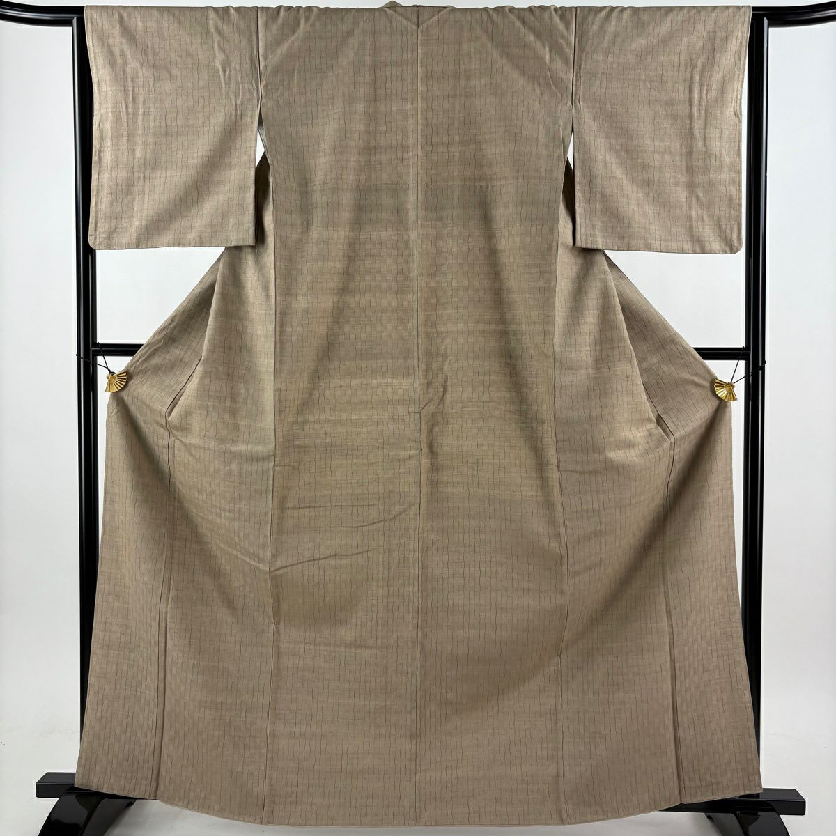 【美品】 紬織 身長163.5cm 袖長64cm M 雙層 よろけ縞 灰茶 純蠶絲 秀品級