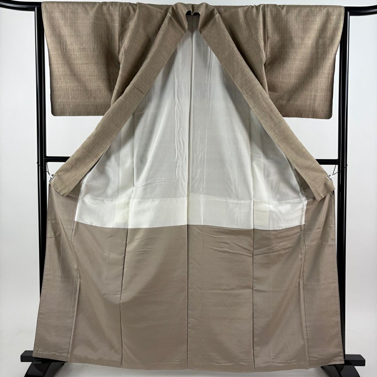 【美品】 紬織 身長163.5cm 袖長64cm M 雙層 よろけ縞 灰茶 純蠶絲 秀品級