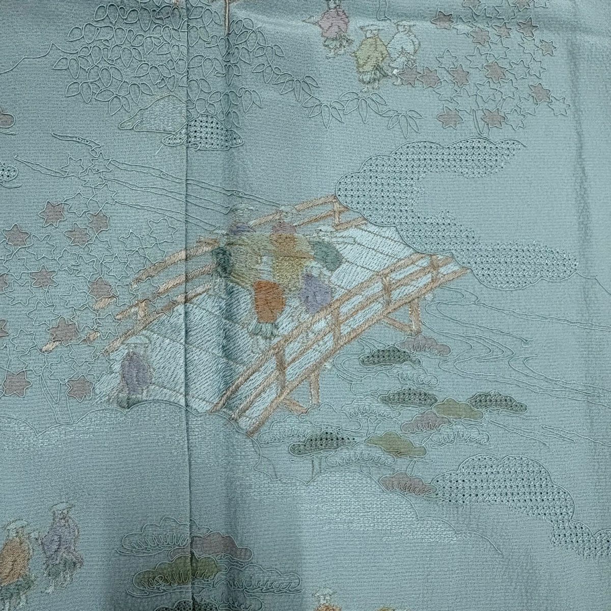 付下 身長167.5cm 袖長67cm M 雙層 風景 人物 刺繡 金絲 水色 純蠶絲 秀品級 一個紋