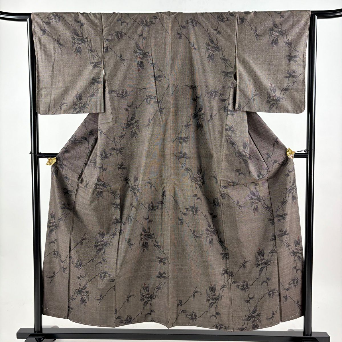紬織織 身長155cm 袖長65cm M 雙層 草花紋紋 焦茶 純蠶絲 秀品級