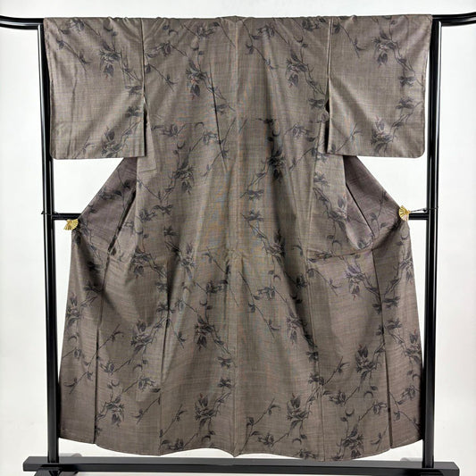 紬織織 身長155cm 袖長65cm M 雙層 草花紋紋 焦茶 純蠶絲 秀品級
