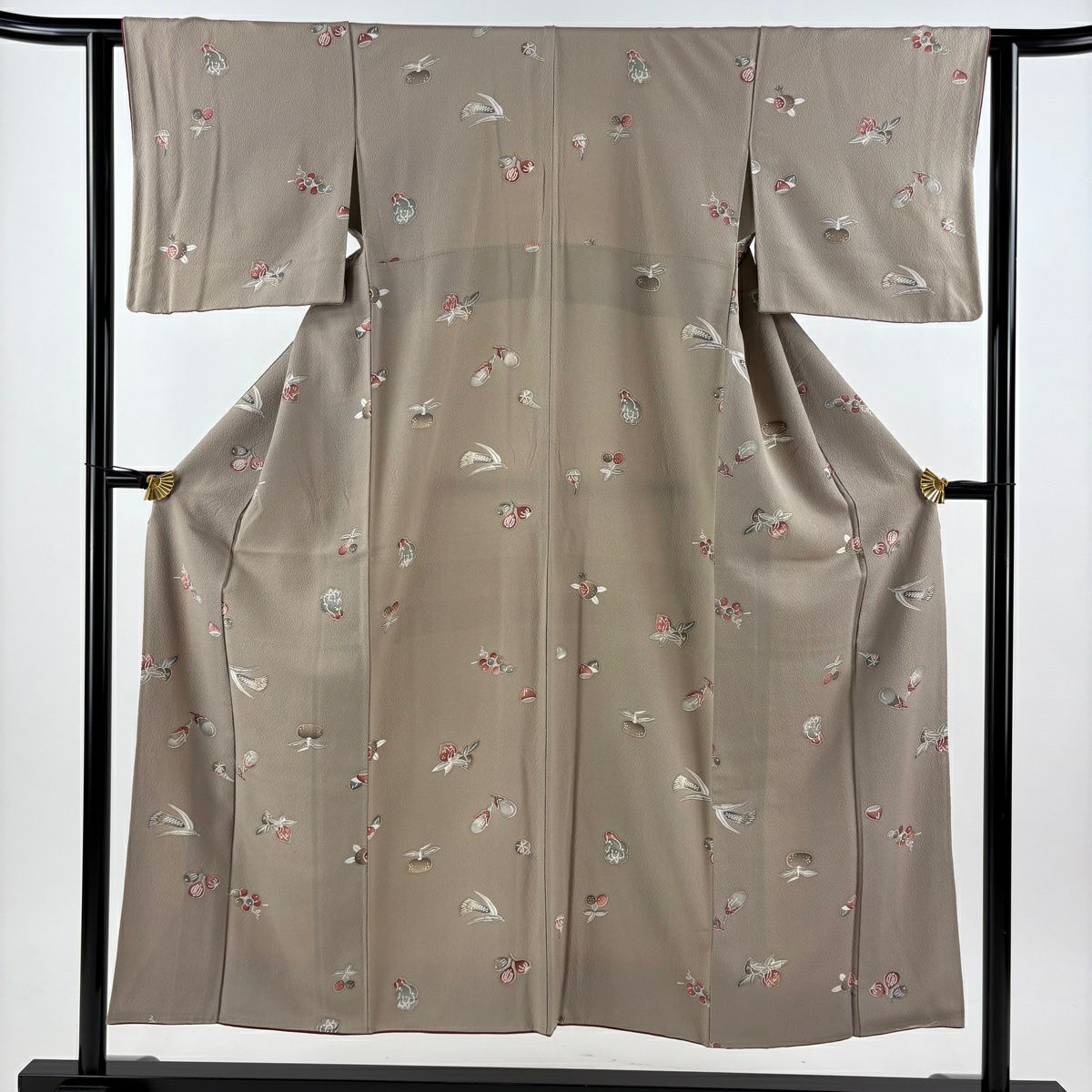 小紋 身長150cm 袖長62cm S 雙層 生織 縮緬 灰茶 純蠶絲 秀品級