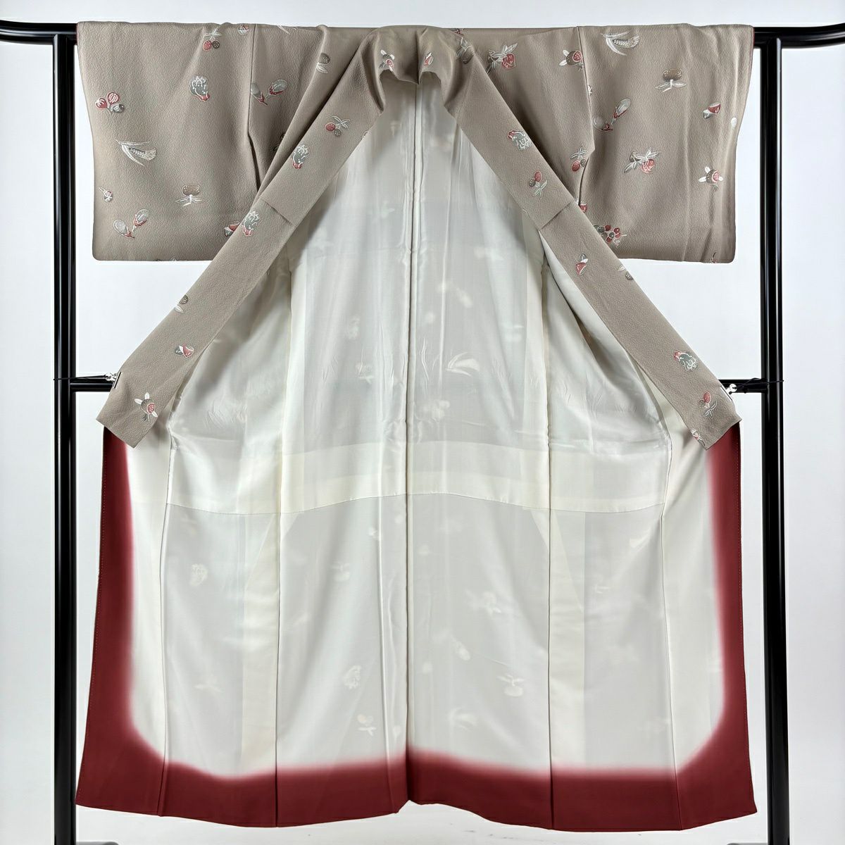 小紋 身長150cm 袖長62cm S 雙層 生織 縮緬 灰茶 純蠶絲 秀品級