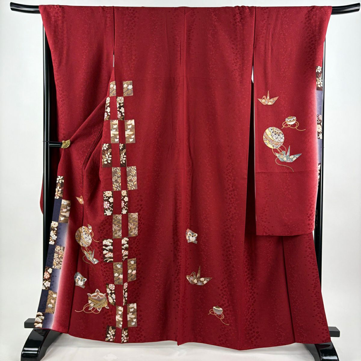 振袖禮服 身長164cm 袖長69.5cm L 雙層 鞠 折仙鶴 金絲 金銀彩 紅 純蠶絲 秀品級