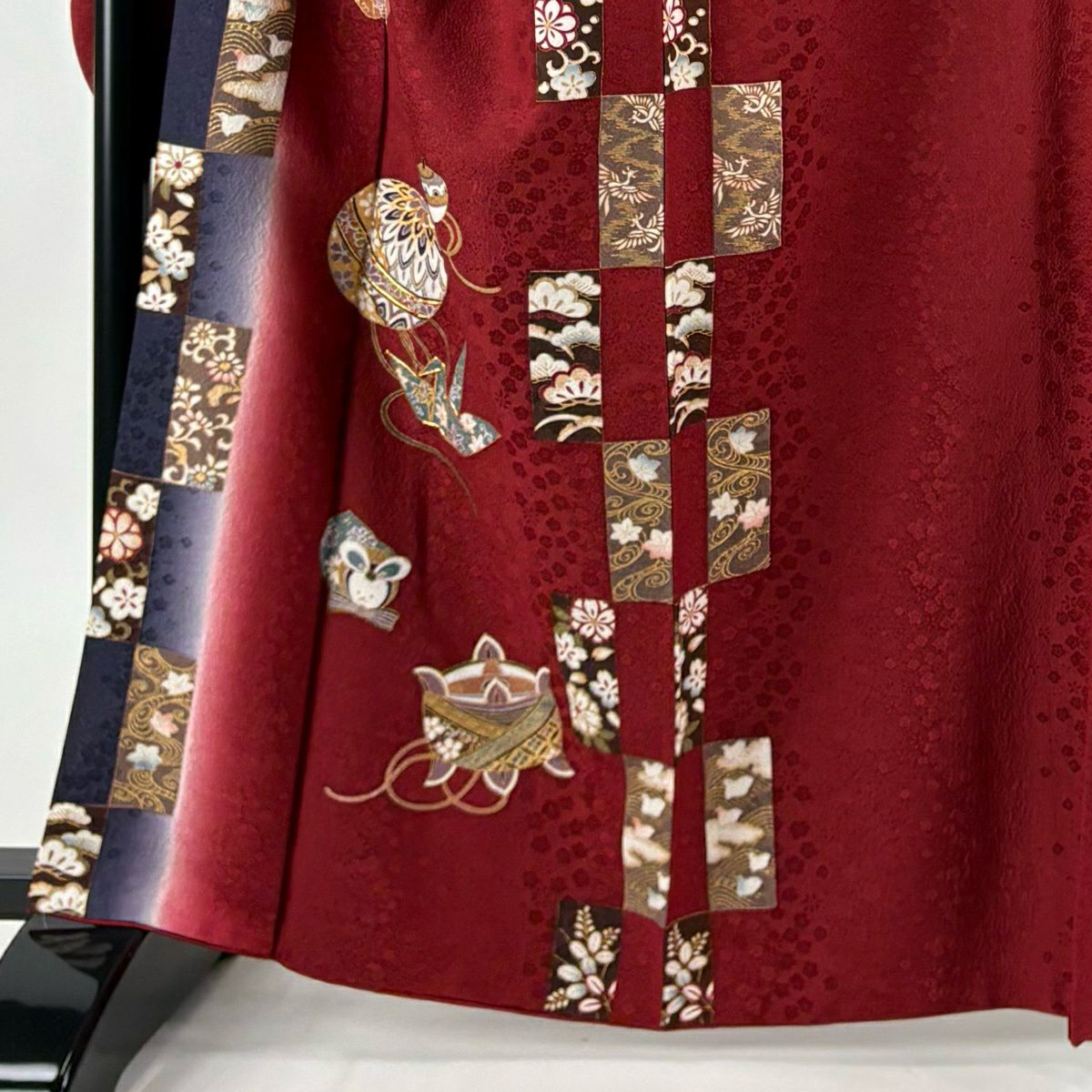 振袖禮服 身長164cm 袖長69.5cm L 雙層 鞠 折仙鶴 金絲 金銀彩 紅 純蠶絲 秀品級