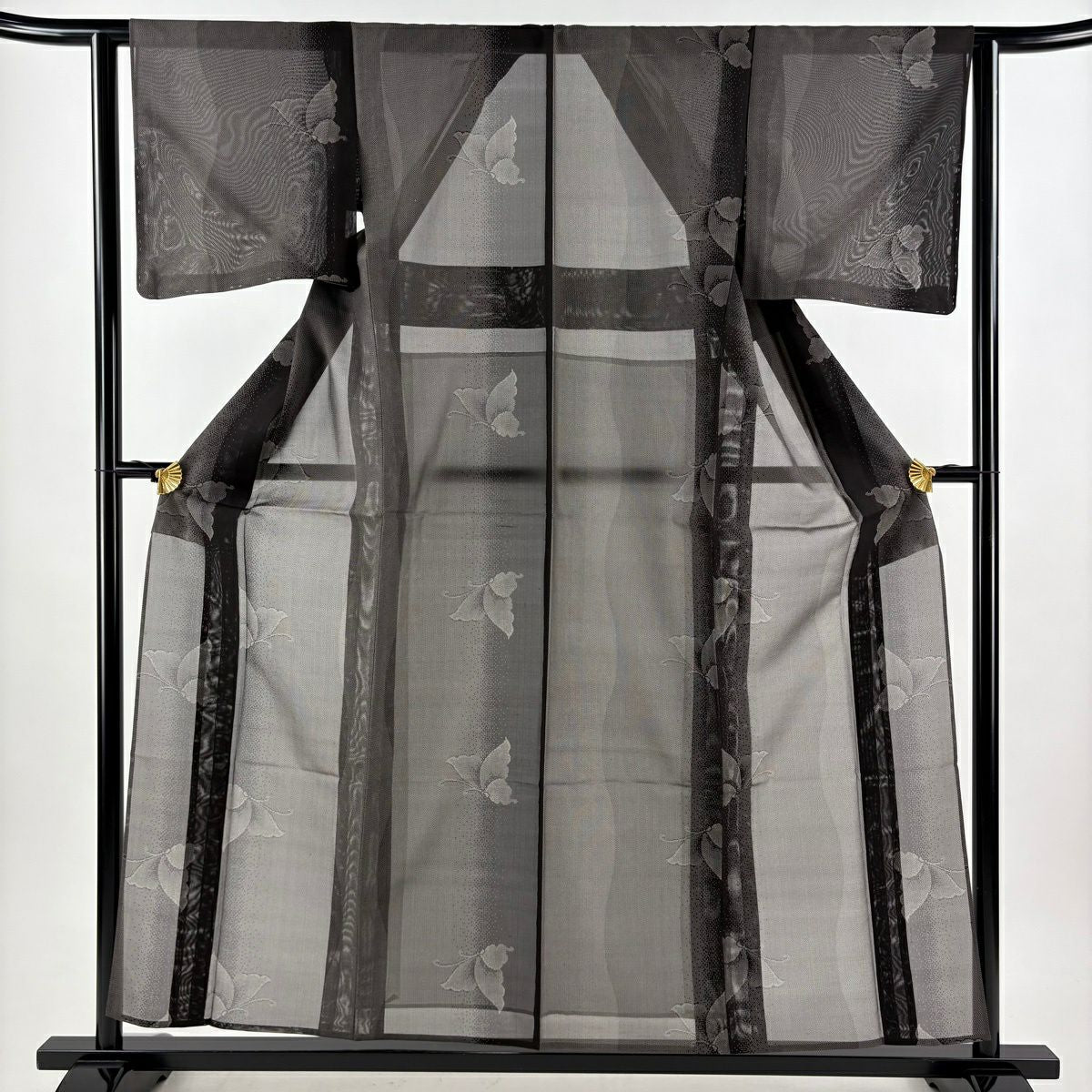 【美品】 紬織 身長157.5cm 袖長62cm S 薄物 夏大島 巴衿 證書在側 蝶 幾何圖案 黑灰 純蠶絲 優品級