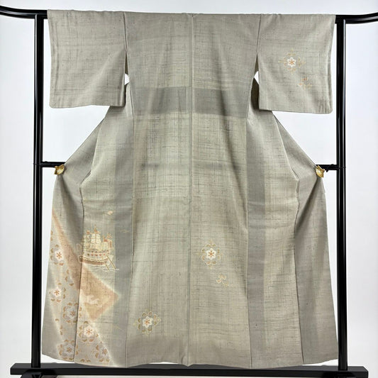 付下 身長157cm 袖長62cm S 雙層 紬織織 船 華紋 金彩裝飾 灰綠 純蠶絲 秀品級