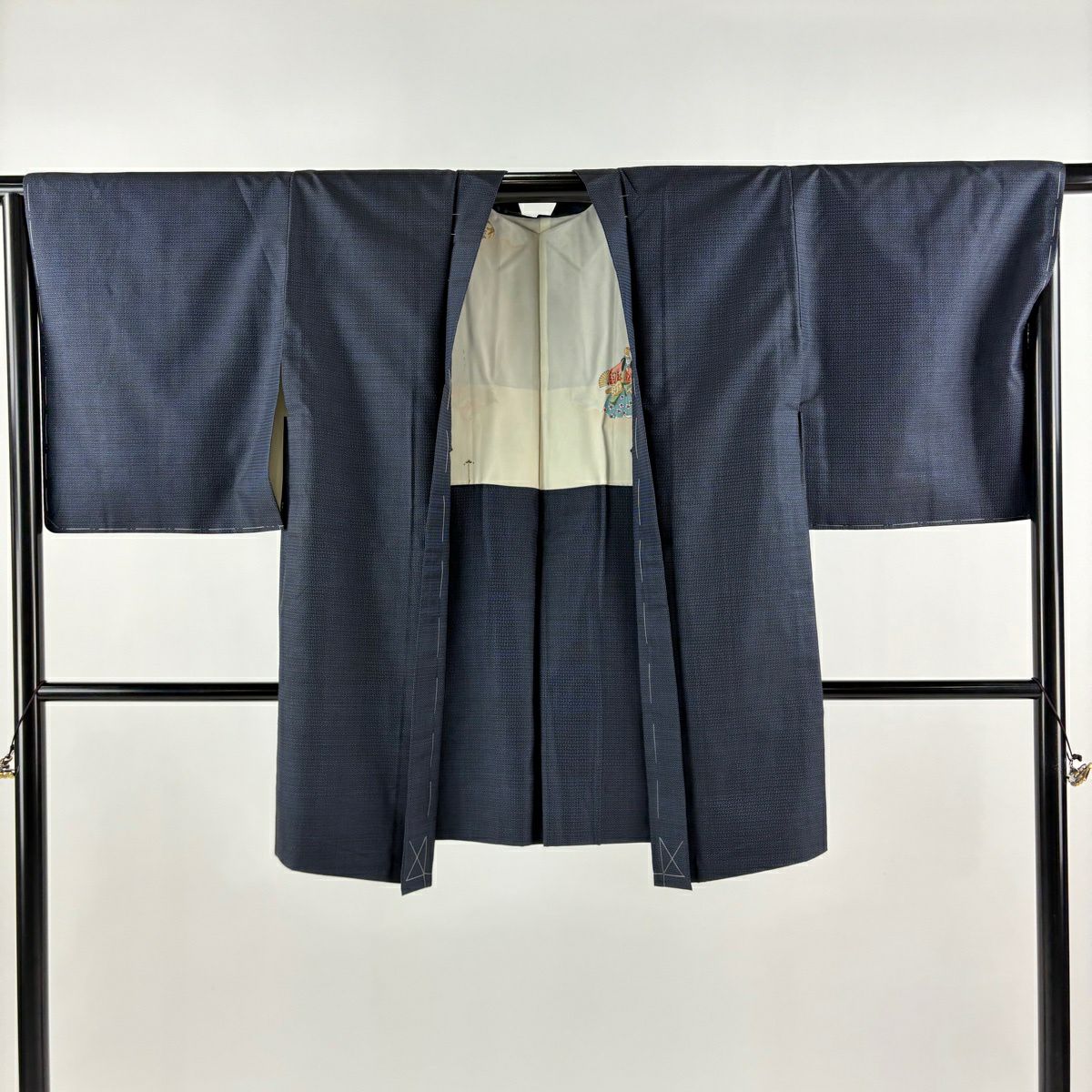【美品】 紬織織 身長165.5cm 袖長65.5cm M 雙層 套裝 龜甲絣 深藍 純蠶絲 優品級