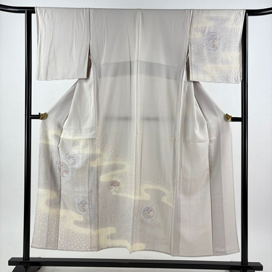 付下 身長151cm 袖長63cm S 單層 鏡裏文 唐草紋 刺繡 銀線 灰紫 純蠶絲 優品級