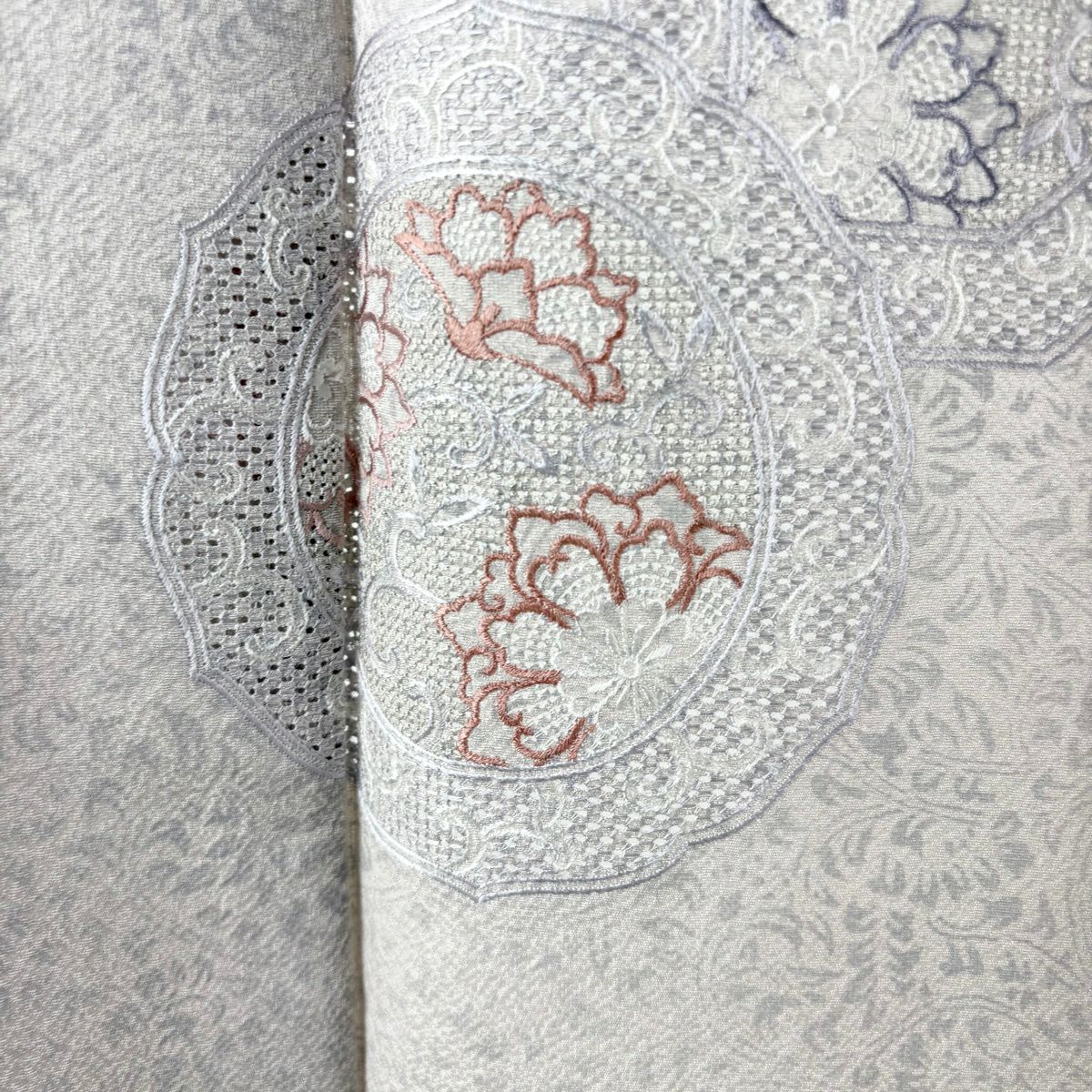 付下 身長151cm 袖長63cm S 單層 鏡裏文 唐草紋 刺繡 銀線 灰紫 純蠶絲 優品級
