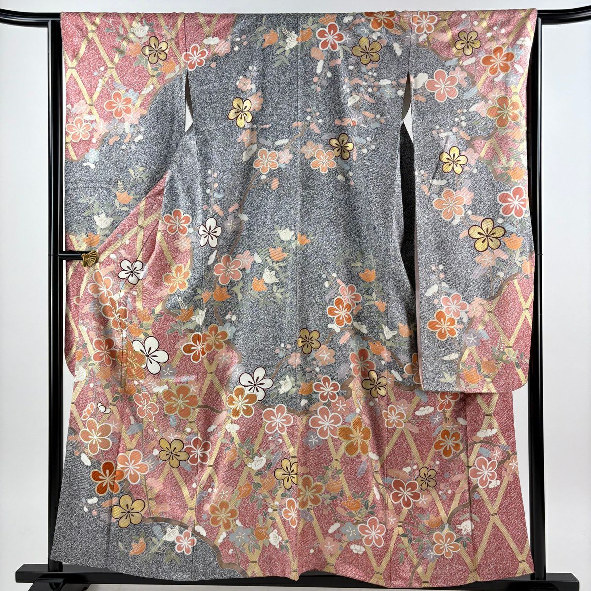 振袖禮服 身長156cm 袖長64.5cm M 雙層 梅花 橘 金絲 金銀彩 紅 純蠶絲 秀品級